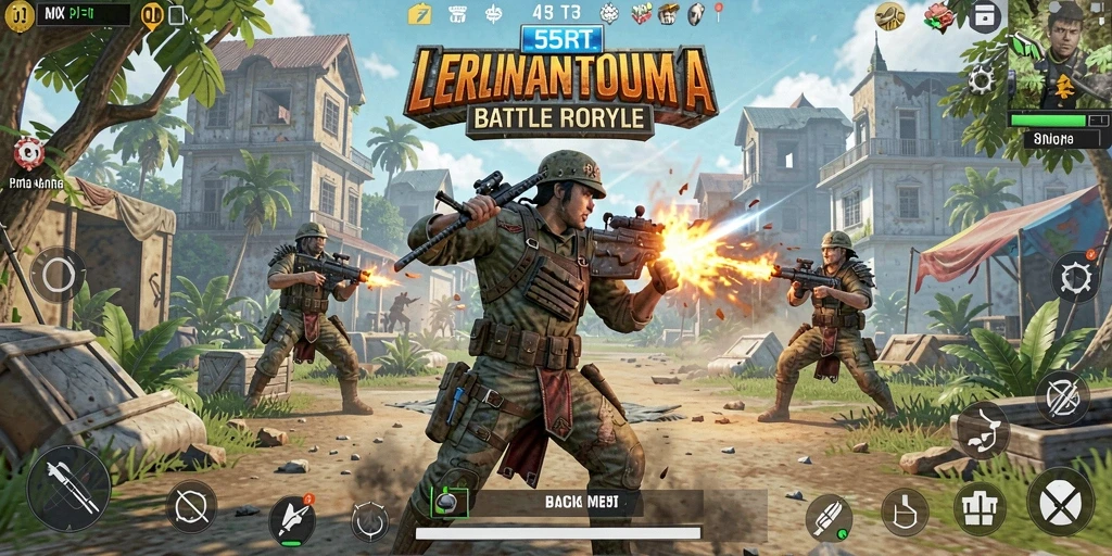 Tampilan gameplay Battle Royale yang mendebarkan dan kompetitif di 55RT.