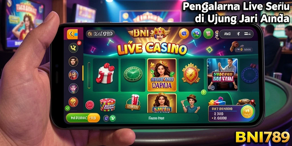Screenshot gameplay BNI789 menampilkan dealer langsung dan suasana kasino yang menyenangkan.