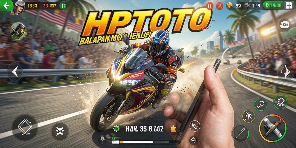 Screenshot gameplay HPTOTO menampilkan aksi balapan motor yang mendebarkan.