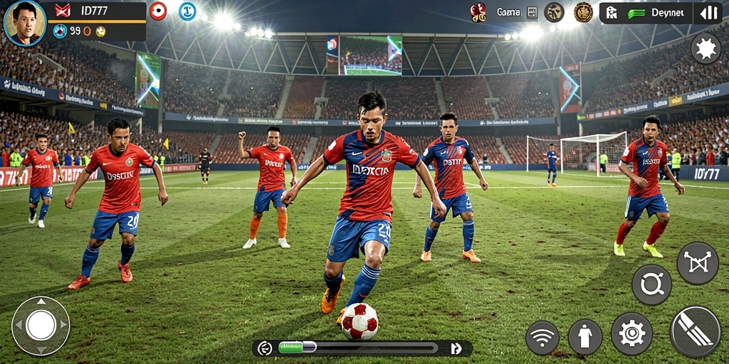 Tampilan utama gameplay ID777 dengan aksi sepak bola yang mendebarkan.