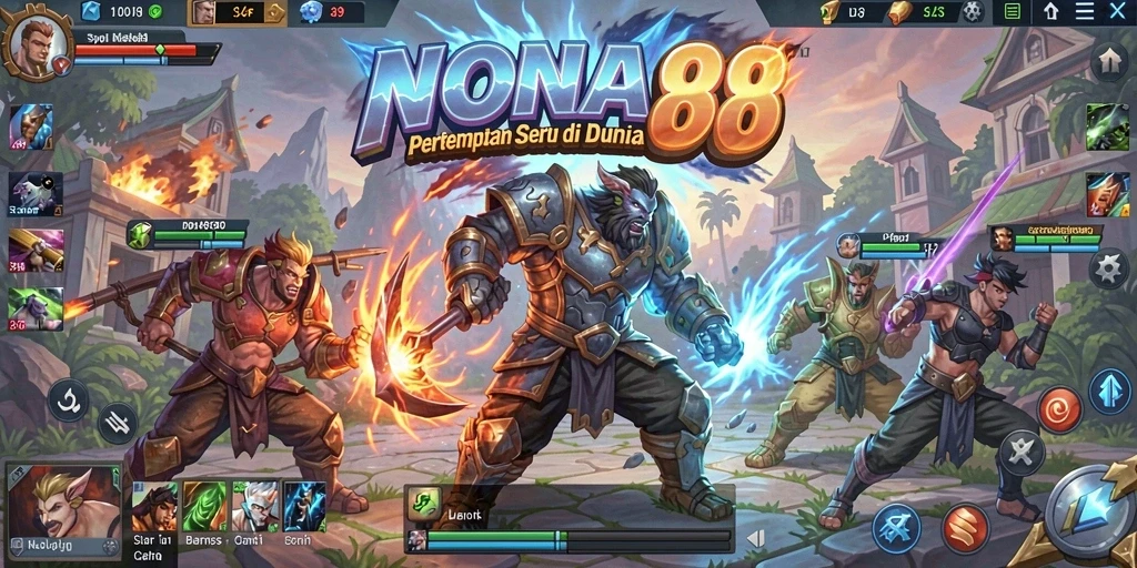 Screenshot gameplay NONA88 menampilkan pertarungan tim yang intens dan mendebarkan.