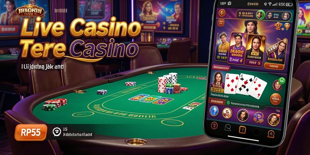 Screenshot gameplay RP55 dengan dealer langsung dan suasana kasino.