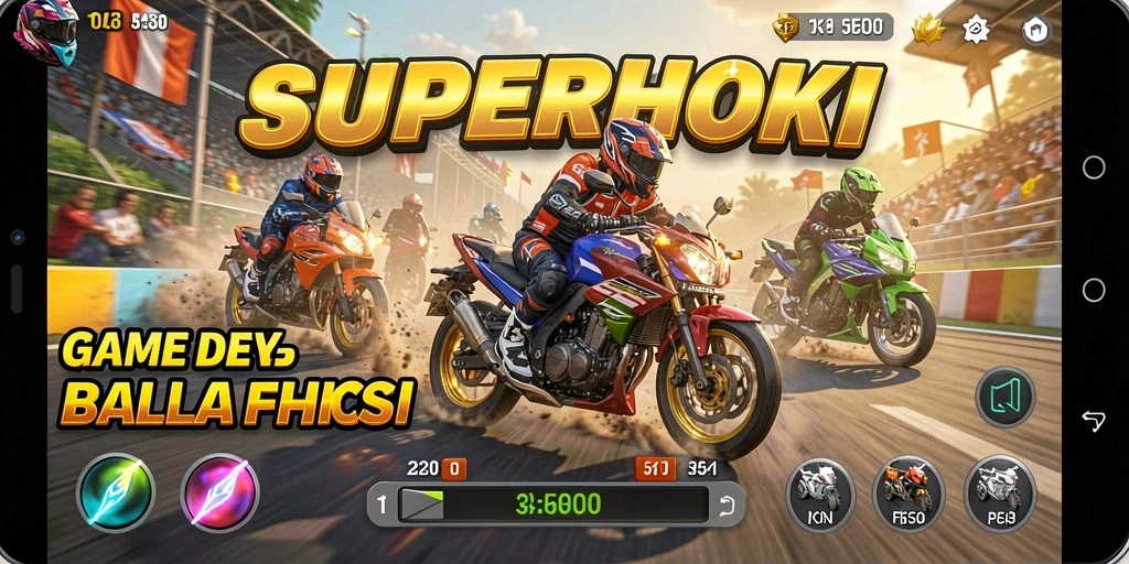 Tampilan gameplay balap motor yang mendebarkan di SUPERHOKI.